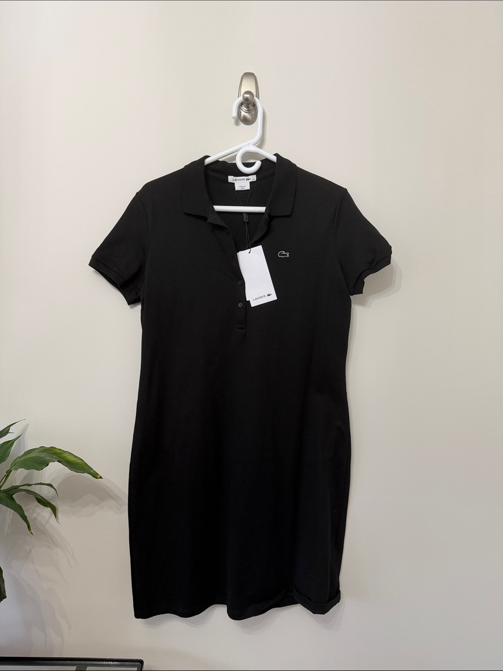 Lacoste Women Solid Black Polo Collared Short Sleeve  Mini Dress Size 44/12